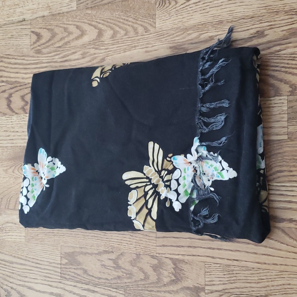 (OS) Floral Print Fringe Butterfly Scarf Accessories Accents Staple Soft Art